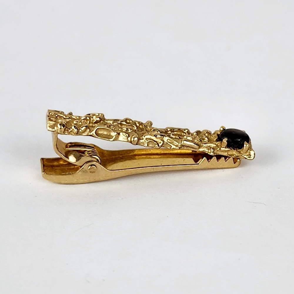 Set of 14K Yellow Gold Black Star Sapphire Rectangle Nugget Cufflinks & Tie Clip - Picture 7 of 8